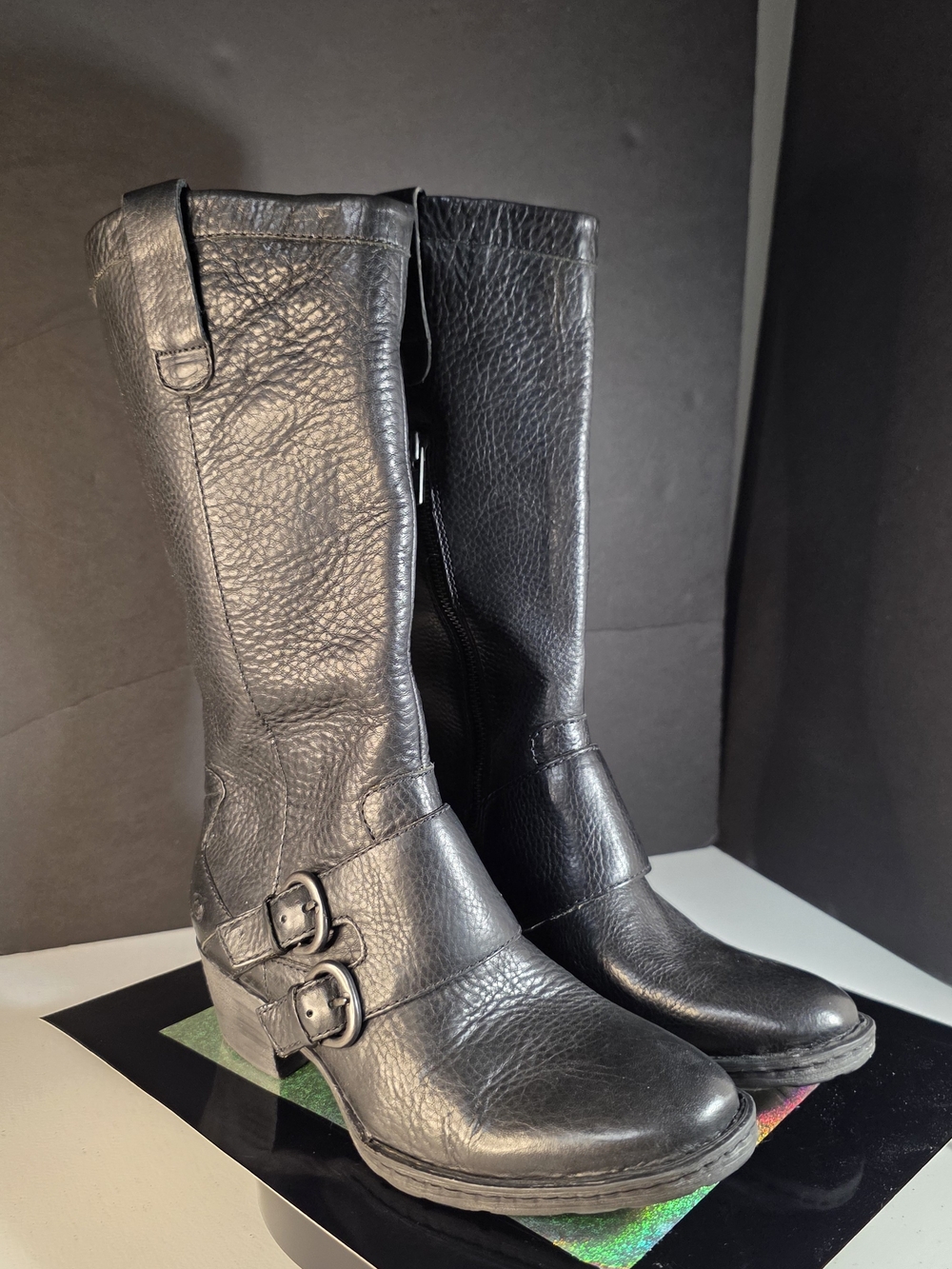 Born Black Leather Mid-Calf Buckle Heeled Boots